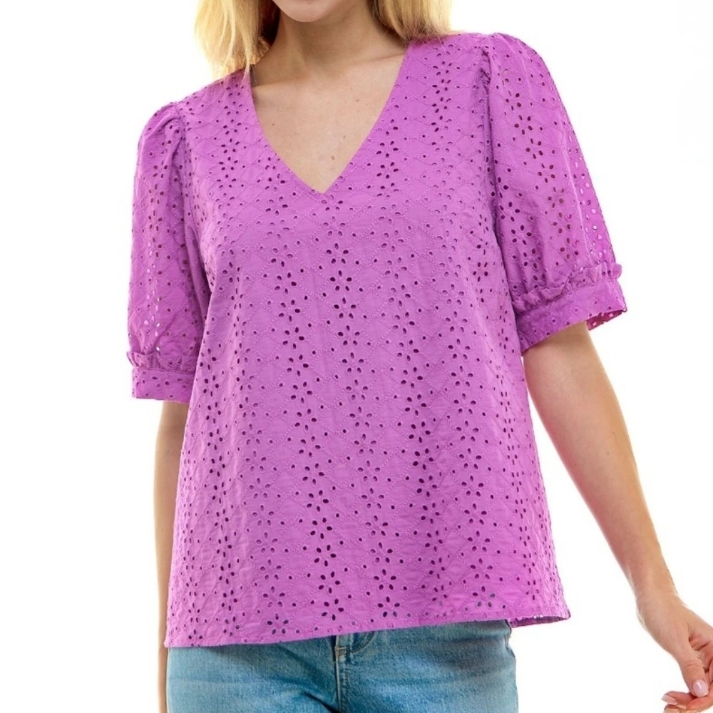 Draper James V-Neck Puff Short Sleeve Top Purple Eyelet XXL